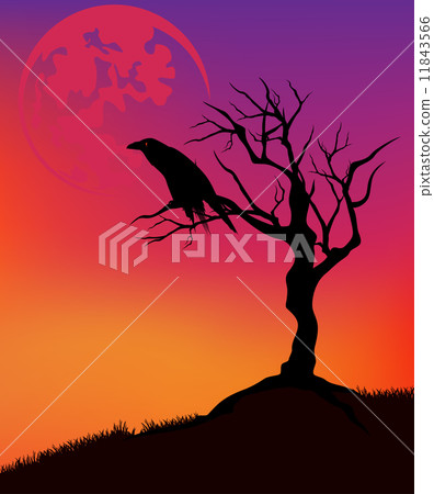 halloween vector background with raven sitting on a dead tree with huge moon in sunset sky halloween vector background with raven sitting on a dead tree with huge moon in sunset sky 11843566