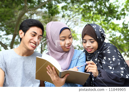 觀看筆記的三個亞洲人在公園 11849905