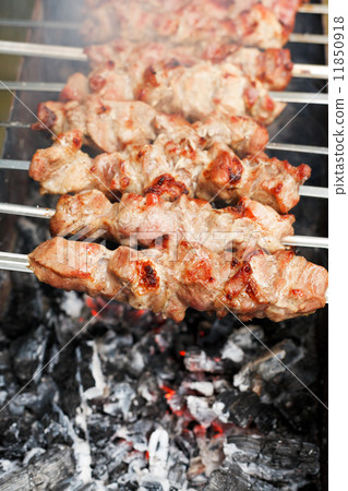 skewers with meat shish kebabs over burning coal skewers with meat shish kebabs over burning coal 11850918