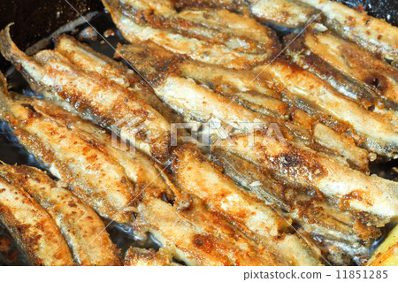 fried fish capelin on black frying pan fried fish capelin on black frying pan 11851285