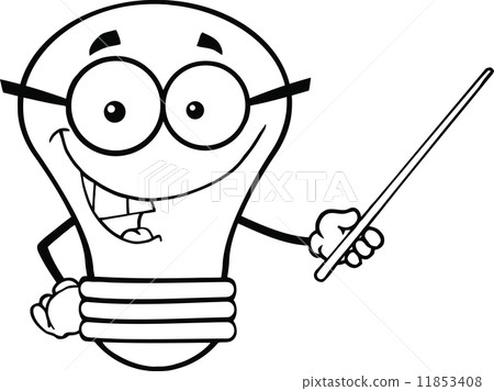 Outlined Light Bulb Character With Glasses Holding A Pointer Outlined Light Bulb Character With Glasses Holding A Pointer 11853408