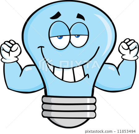 Blue Light Bulb Cartoon Mascot Character With Muscle Arms 11853494