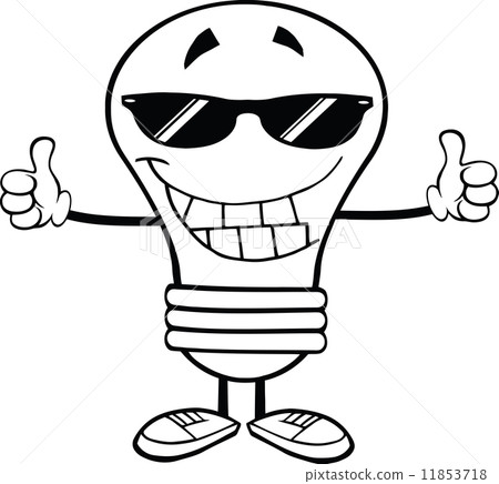 圖庫插圖: outlined smiling light bulb with sunglasses giving a