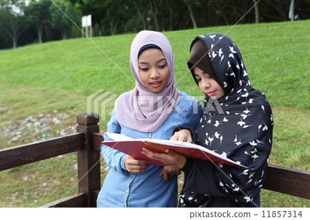 觀看筆記的兩個亞洲人在公園 11857314