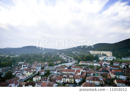 Highly detailed aerial city view with crossroads, roads, houses 11858012