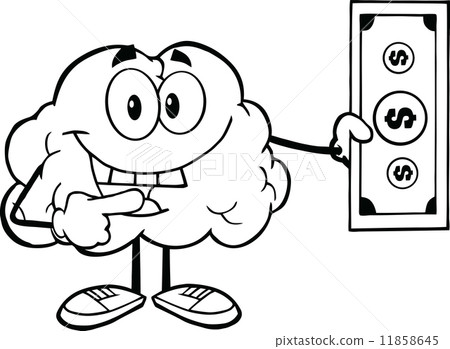Outlined Smiling Brain Character Showing A Dollar Bill 11858645