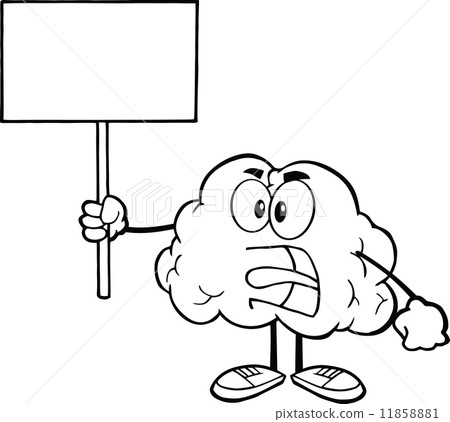 Outlined Angry Brain Character Screaming And Holding Up A Blank Sign 11858881