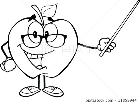 outlined smiling apple teacher character with a pointer 11859944