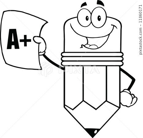 Outlined Smiling Pencil Holding An A Plus Report Card 11860171