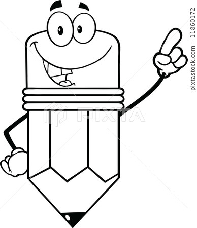 Outlined Smiling Pencil Character Pointing With Finger 11860172