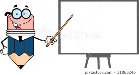 Business Pencil Character With Pointer Presenting On A Board Business Pencil Character With Pointer Presenting On A Board 11860240