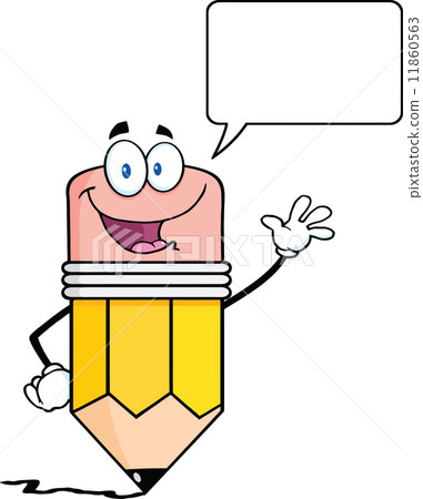 Pencil Character Waving For Greeting With Speech Bubble Pencil Character Waving For Greeting With Speech Bubble 11860563