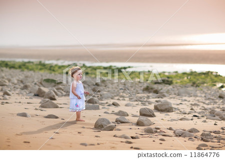 Beautiful little toddler girl watching the sunset at a beach  11864776