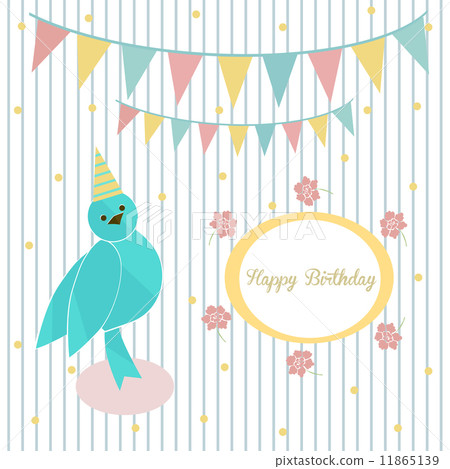 Cute blue bird on a background of festive garland and frame with flowers with the words Happy Birthd Cute blue bird on a background of festive garland and frame with flowers with the words Happy Birthd 11865139