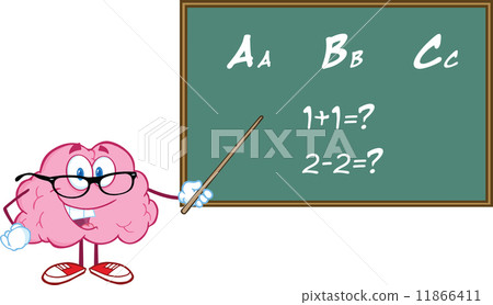 Smiling Brain Teacher Character With A Pointer In Front Of Chalkboard With Text ABC 11866411