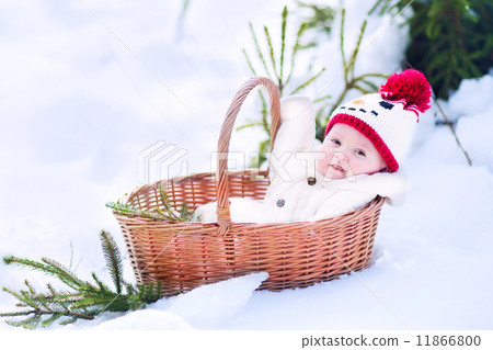 Funny happy baby boy wearing a warm snow suit and a red knitted snowman hat laying in a basket Funny happy baby boy wearing a warm snow suit and a red knitted snowman hat laying in a basket 11866800