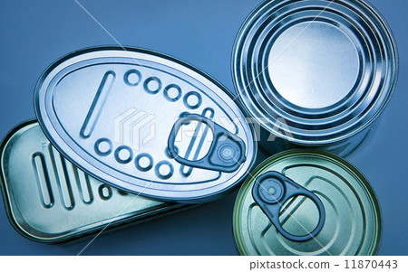 different tin cans isolated on blue 11870443