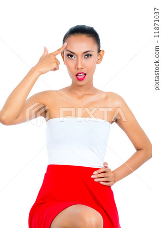 Asian woman showing idiot sign Asian woman showing idiot sign 11871037