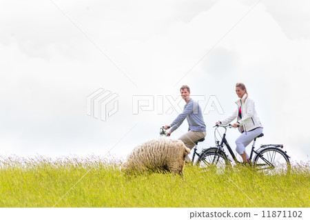 Couple having sea coast bicycle tour at levee Couple having sea coast bicycle tour at levee 11871102
