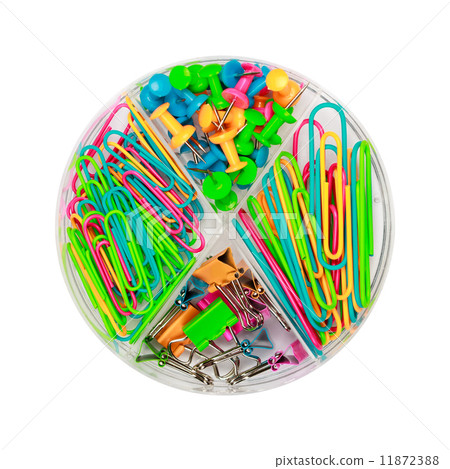 Paper clips and push-pins in a box Paper clips and push-pins in a box 11872388