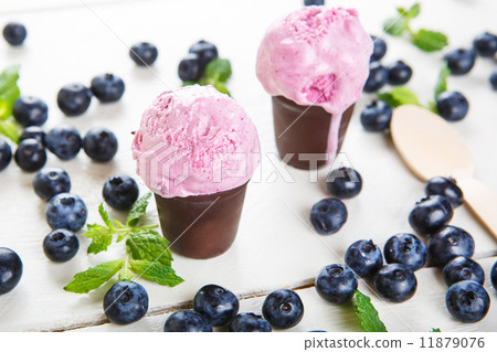 blueberry ice cream or frozen yogurt and sprig of mint, with fre 11879076