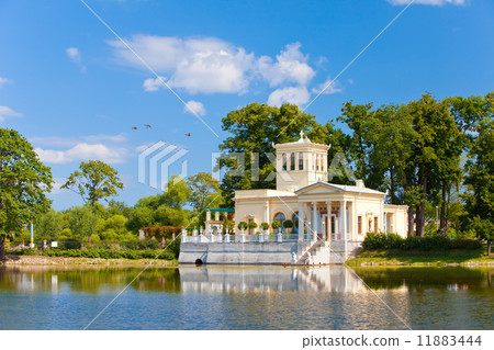 Russia, Peterhof (Petrodvorets). Olga's Pavilion on  island in Olga's pond... 11883444