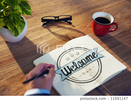 Man with a Note Pad and Welcome Concept Man with a Note Pad and Welcome Concept 11891147