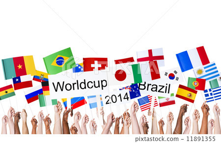 Raised Arms Holding Many Nation's Flag and Banners for World Cup Raised Arms Holding Many Nation's Flag and Banners for World Cup 11891355