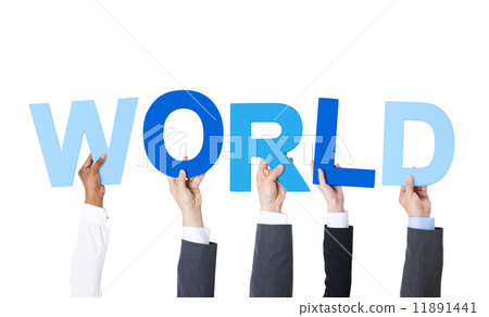 Business People Arms Raised and Holding the Word World 11891441