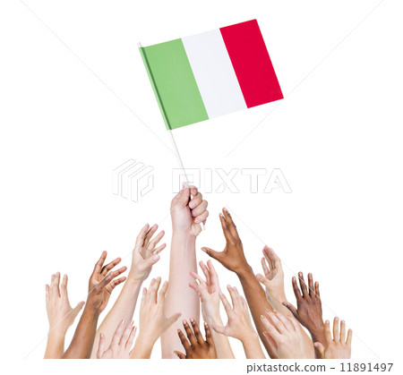 Group of multi-ethnic people reaching for and holding the flag o 11891497