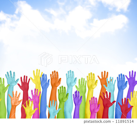 Colorful Hands Raised With Blue Sky 11891514
