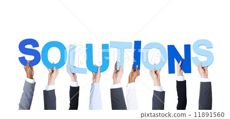 Business People with Arms Raised Holding the Word Solution Business People with Arms Raised Holding the Word Solution 11891560