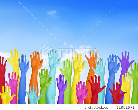 Colorful Hands Raised With Blue Sky 11891671