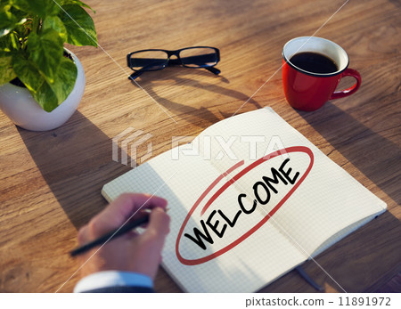 Man with Note Pad and Welcome Concept 11891972