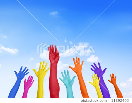 Colorful Hands Raised With Blue Sky Colorful Hands Raised With Blue Sky 11892403