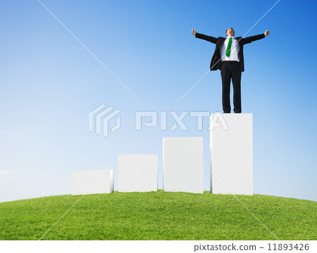 Business Man Outdoors Standing on a Bar Graph with Arms Raised Business Man Outdoors Standing on a Bar Graph with Arms Raised 11893426