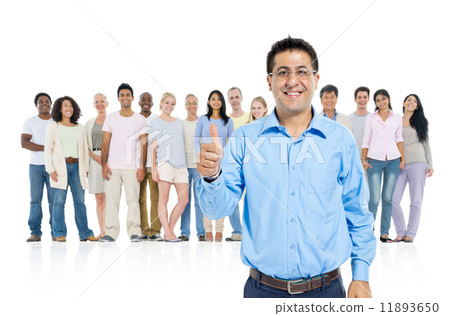 Mid-age man thump up and standing out from crowd 11893650
