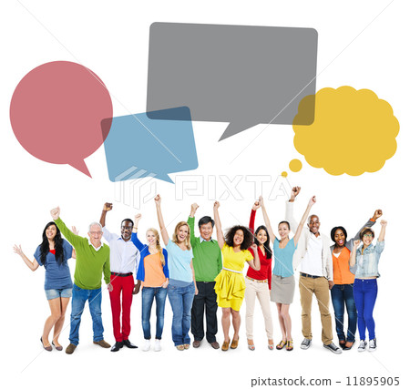 Multiethnic Group of People Arms Raised with Speech Bubbles Multiethnic Group of People Arms Raised with Speech Bubbles 11895905