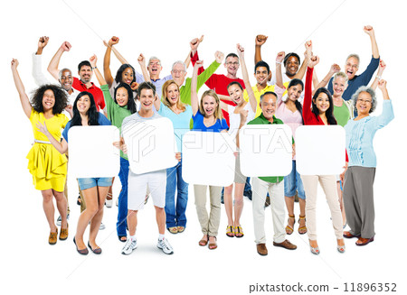 Group Of Multi-Ethnic Arms Outstretched And Holding 5 Empty Plac 11896352