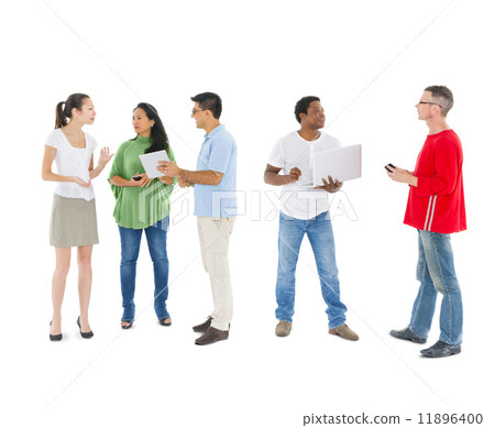 Mullti-ethnic group of people talking and using communication de 11896400