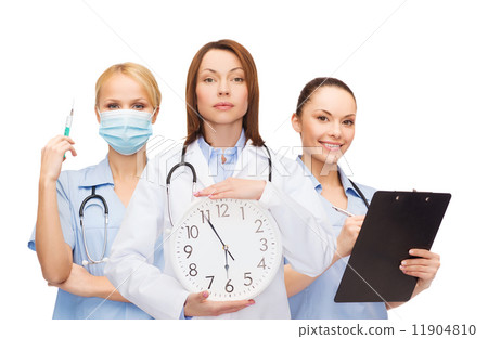 calm female doctor and nurses with wall clock 11904810