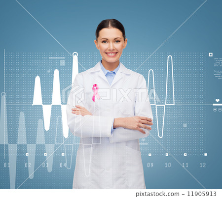 smiling female doctor with cancer awareness ribbon smiling female doctor with cancer awareness ribbon 11905913