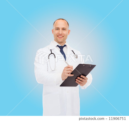 smiling male doctor with clipboard and stethoscope smiling male doctor with clipboard and stethoscope 11906751