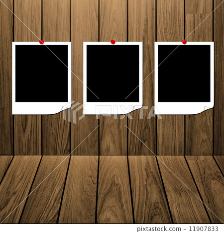 Three blank photo frame pin on wall and floor siding wooden back 11907833