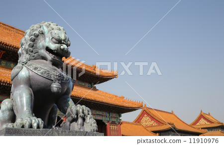 Bronze Guardian Lion Statue in the Forbidden City, Beijing, China 11910976