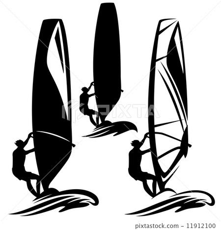 windsurfer silhouette design element - black and white vector collection 11912100
