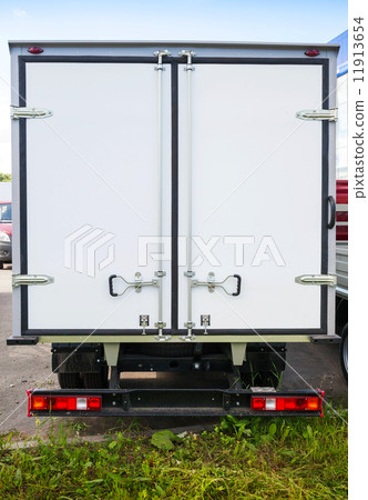 Rear view of new white cargo truck 11913654