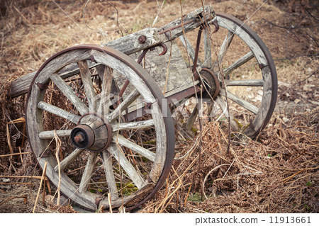 Old rural wooden wagon on dry grass 11913661