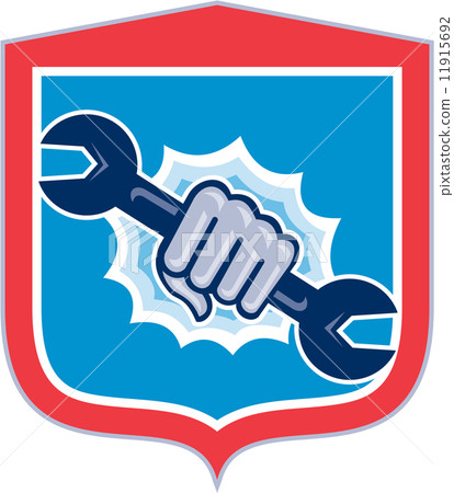 Mechanic Hand Holding Spanner Shield Punching 11915692