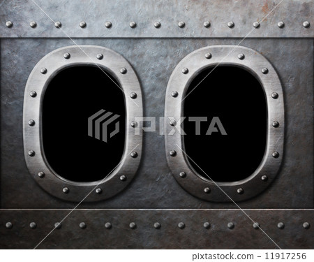 two military ship or submarine windows as steam punk metal backg 11917256